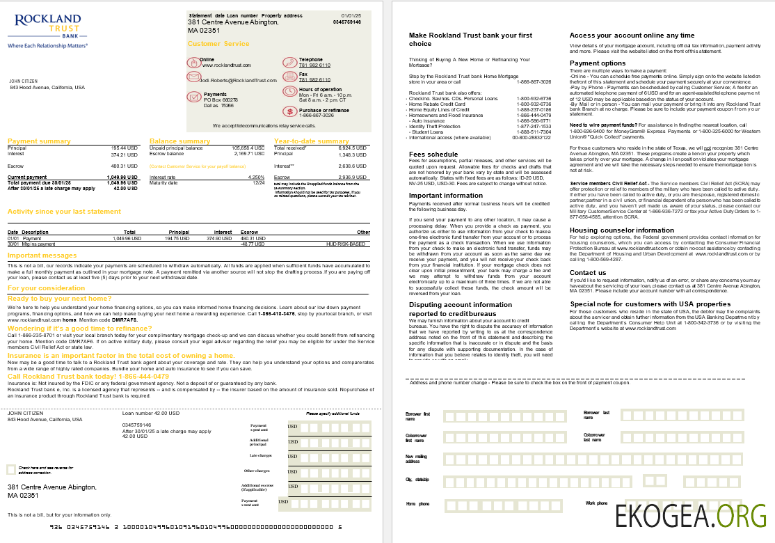 États , Unis Massachusetts Relevé d'hypothèque de la banque Rockland Trust aux formats Word et PDF, 2 pages